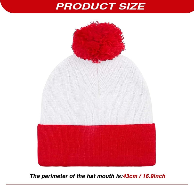 AWNALEEO Red White Pom Pom Cuff Knit Beanie Hat - Waldo Costume - Adult Halloween Hat Christmas Beanie Hat - Image 2